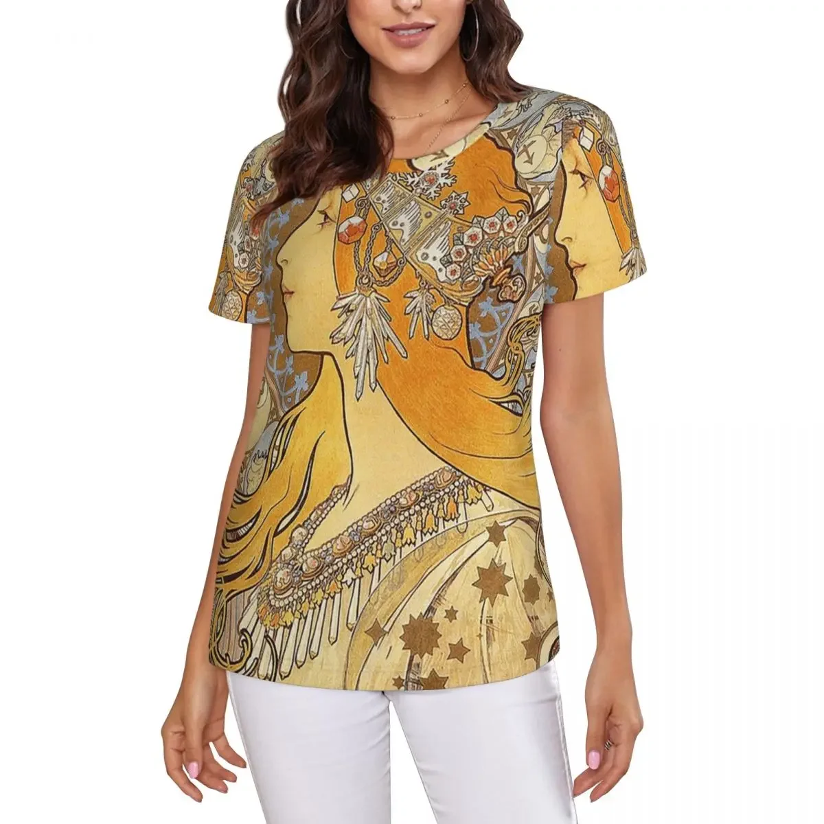 Alphonse Mucha Zodiac Art Nouveau Woman T-Shirt Women Short Sleeve T Shirts Crew Neck Clothing Cotton Summer Tees Streetwear