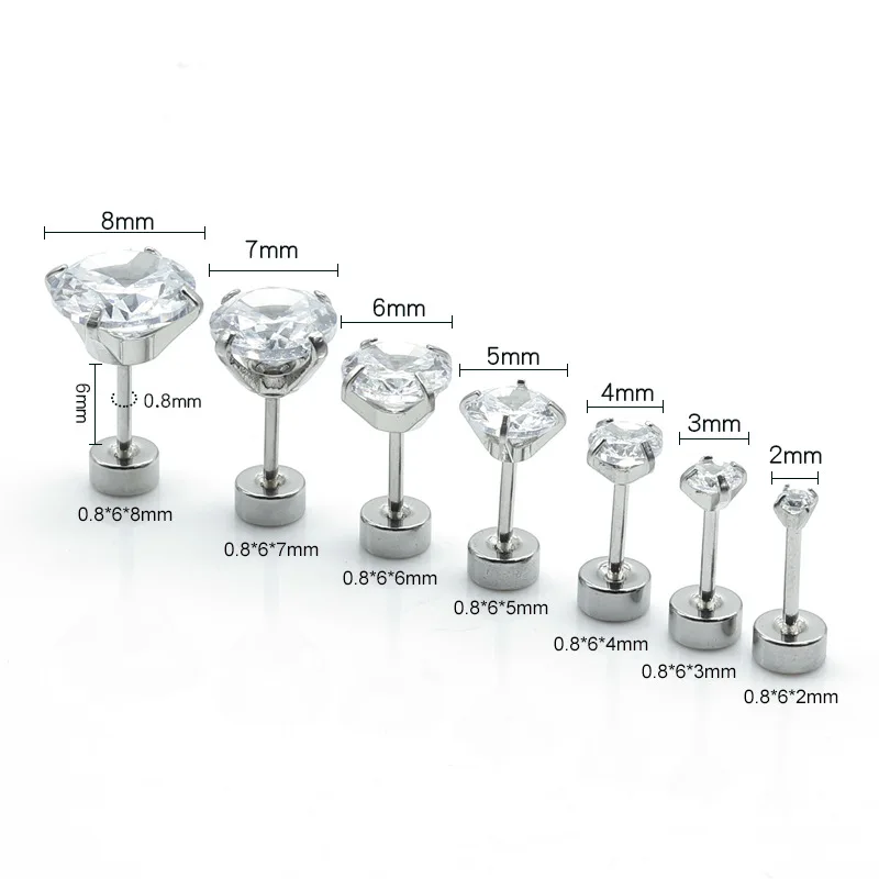 Minimalistische Mode-Ohrstecker aus Zirkon und Edelstahl, Liebes-Piercing-Schmuck, AAA-Qualität, 0,8/1,2x6mm, Größe 3-8mm – Detail 1