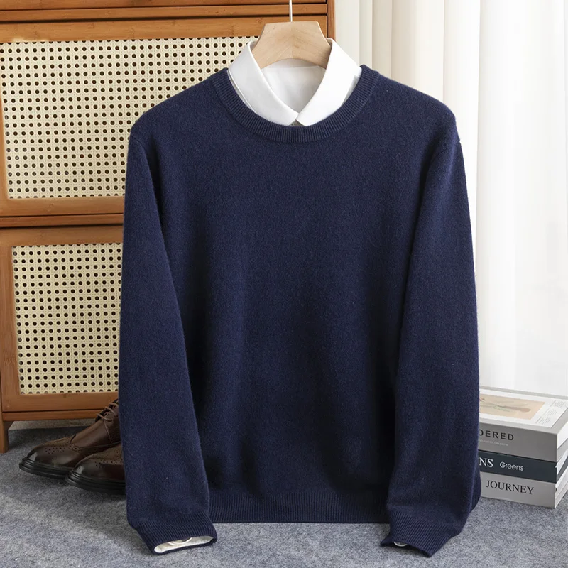 100% pure wool sweater men's round neck solid color pullover bottom sweater cashmere sweater lage size middle-aged sweaterautum