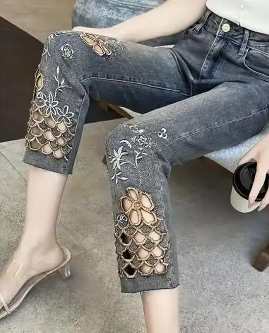 Y2K Denim Jeans Korean Style Women's Pants Straight Leg Elastic Eight Points Brick Pattern Slimming High Waist Hollow Embroidery