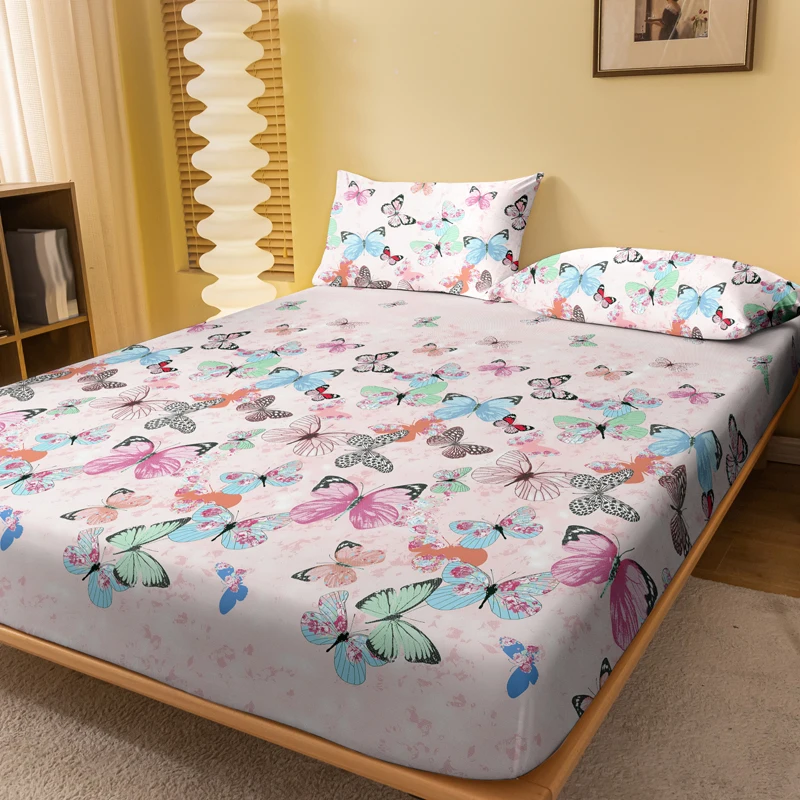 1 Simple modern butterfly printed matte Fitted Sheet, bedroom printed bed cover, bedding (excluding pillowcases)