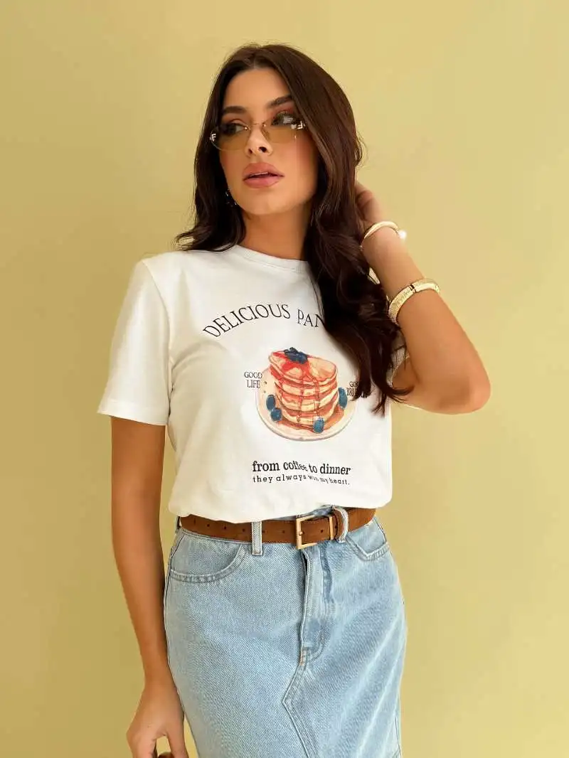 Retro American Vintage Summer Delicious Bread Print Spicy Girl Loose Pure Cotton Casual Short Sleeve T-Shirt for Women