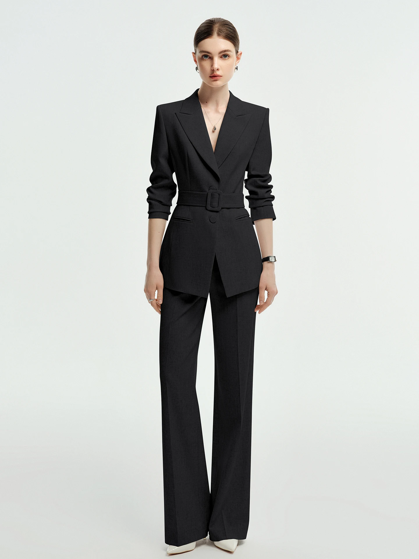 Elegant Wide Leg Pants Suit Women's Business Formal Waist-Cinching Professional Workwear Ensemble Long Sleeve Polyester Blend