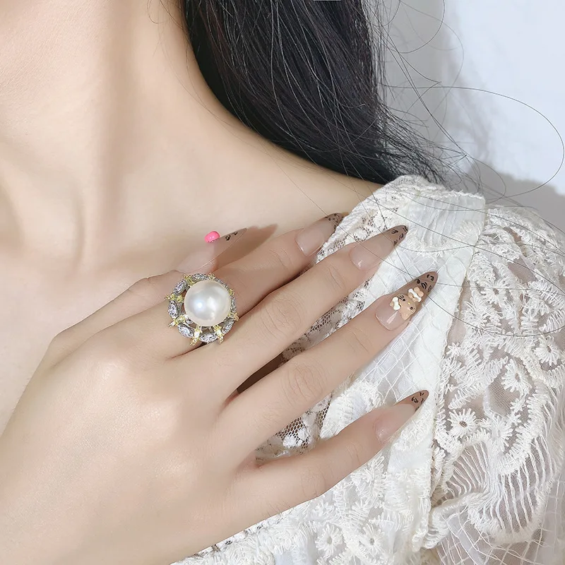 Pearl Ring Jewelry Natural Australian White Pearl South Sea Pearl Vintage Two-tone Electroplated Women's High-end