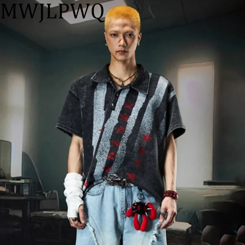 

MWJLPWQ Spray Printed Striped Men's T-shirts High Street Lapel Destruction Washed Distress Niche Design Loose Top Summer 010587