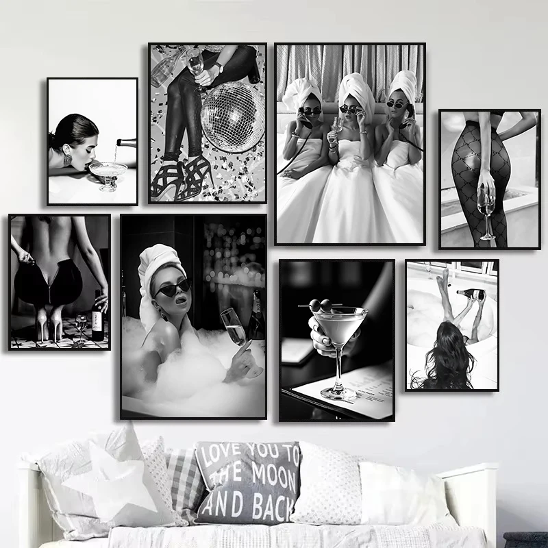 Fashion Black and White Sexy Woman Drinking Alcohol Disco Feminist Poster Canvas Painting Wall Pictures Bathroom Home Decor