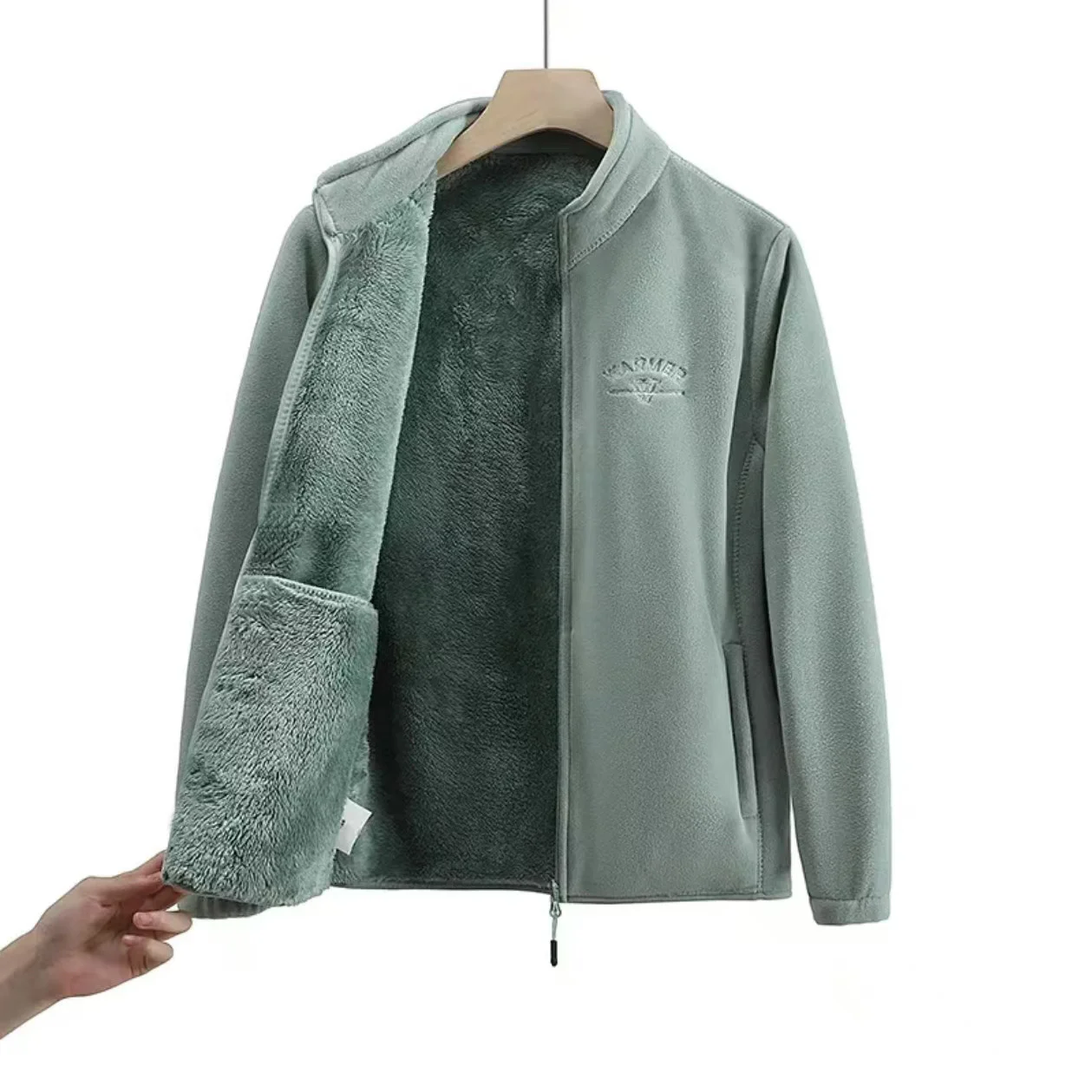 Women's Wool Liner Coat Winter Loose-Fit Full-Sleeve Polar Fleece Zipper Letter-Print Jacket, Office Travel Holiday Gift