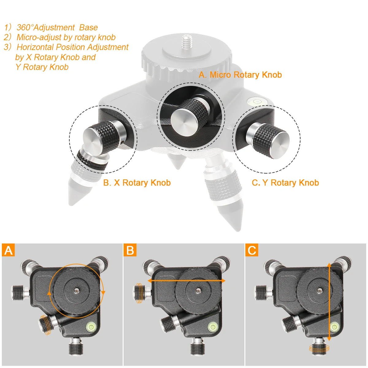 Imagem -03 - Adaptador Giratório de Tripé Huepar 360 ° Base Microajustável de Ajuste Fino para Nível a Laser com Bolha de Nivelamento Montagem de Rosca de 8