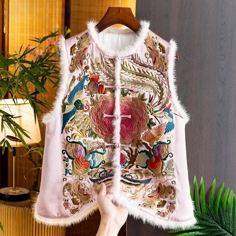 

Women's Vest Women's Jackets Luxury Retro Satin Cotton Vest Female Winter Chinese Heavy Embroidered Mink Hair Vest ZT237