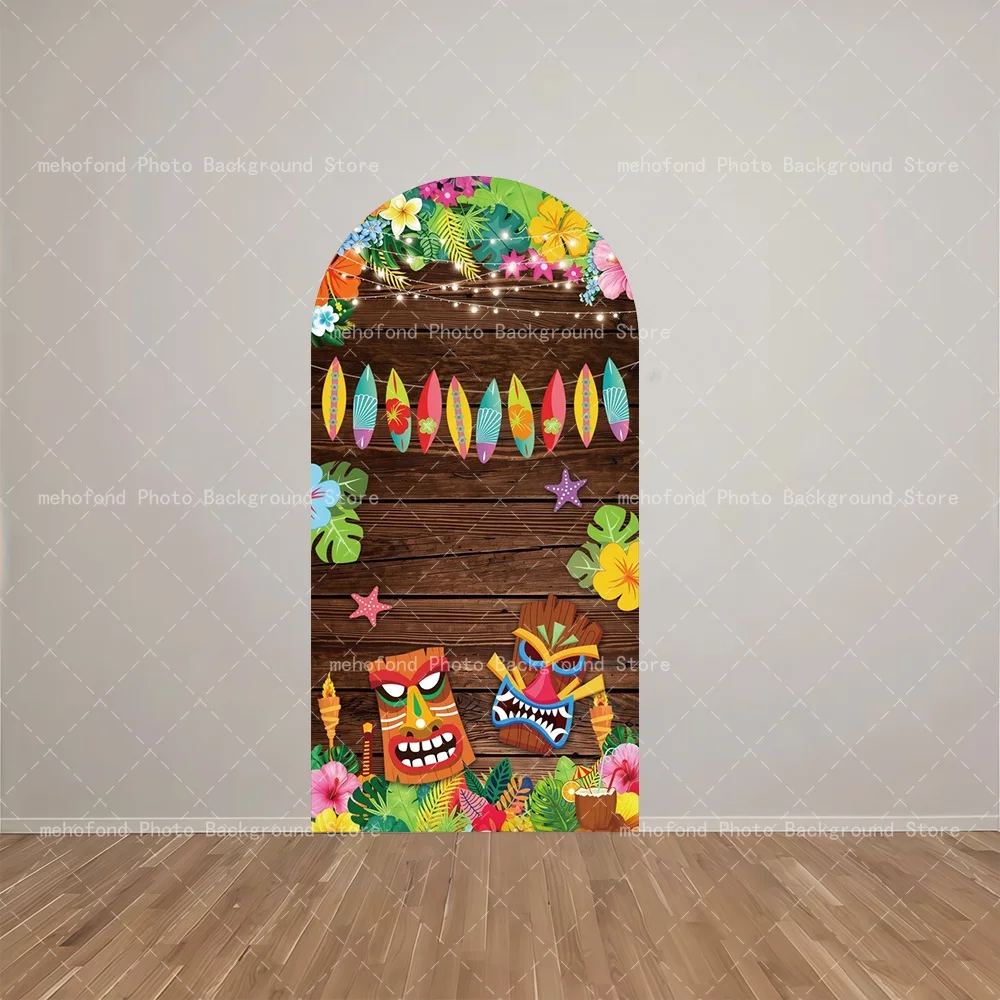 Mehofond Colorful Tropical Wooden House Texture Hibiscus Flowers Palm Leaves Embellished With Summer Pool Party Theme Backdrop