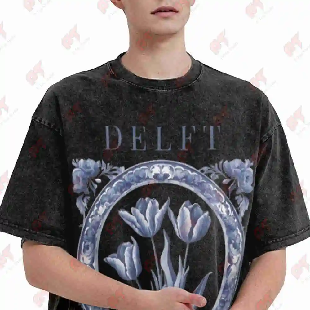 Delft Washington Netherlands Vintage Style Blue Tulips Floral Travel Souvenir Vintage Washed Tee Pure Cotton T-Shirt