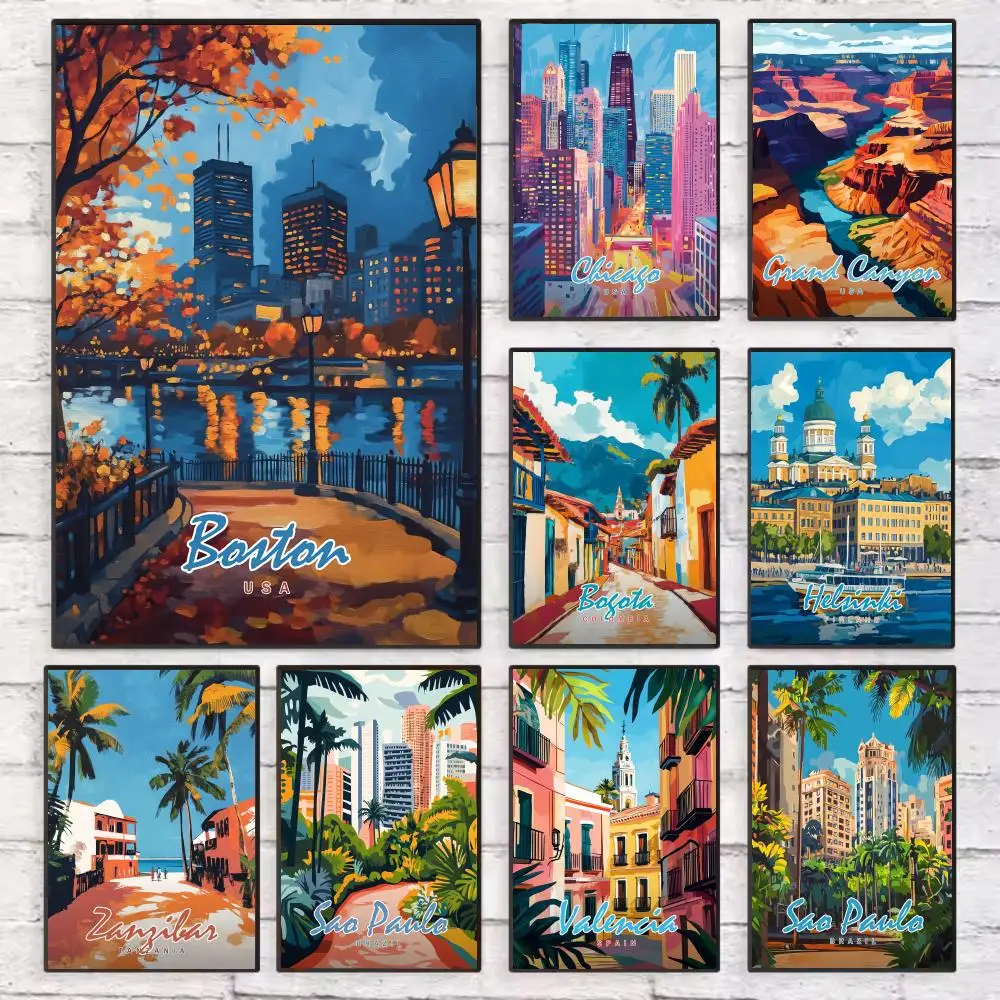 

City Travel Painting Poster Wall Art Sticky for Living Room Bedroom Office Hallway Bar Home Decor Gift Idea