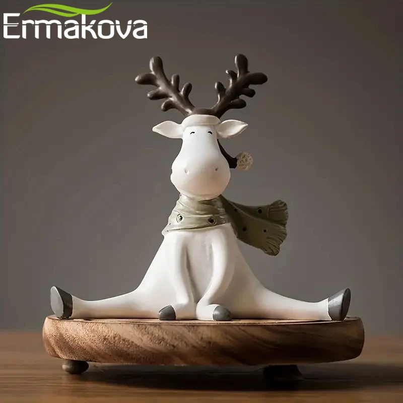 ERMAKOVA Resin Deer Figurines Elk Sculpture Collectible Resin Splits Reindeer Statue Home Office Decoration Cute Christmas Decor