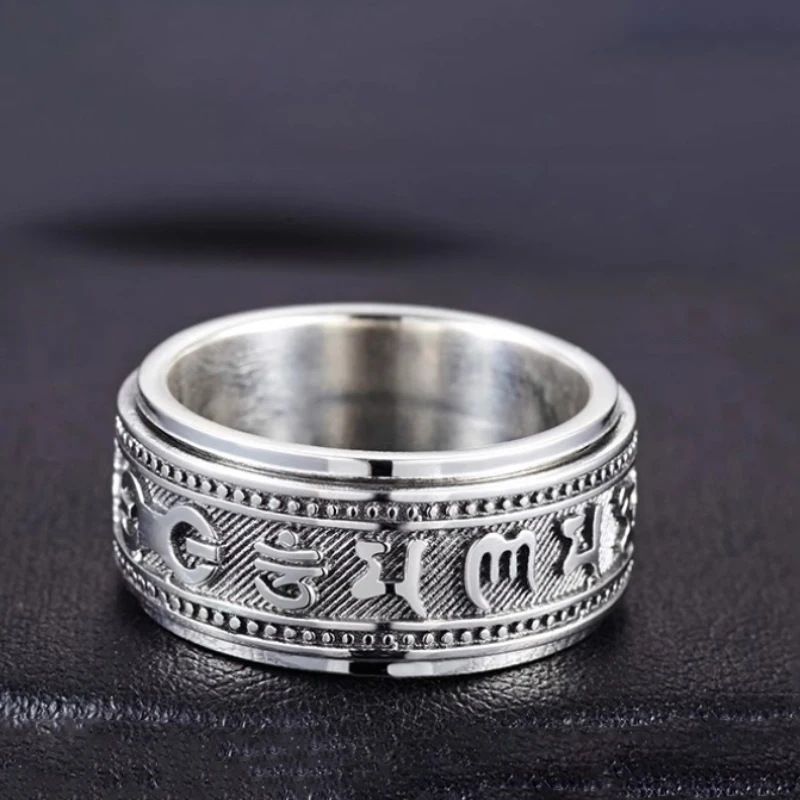 925 Thai Silver Craft Mens Rings Rotable Stereoscopic Embossed Design Glossy Six-character Mantra Domineering Vintage Jewelry