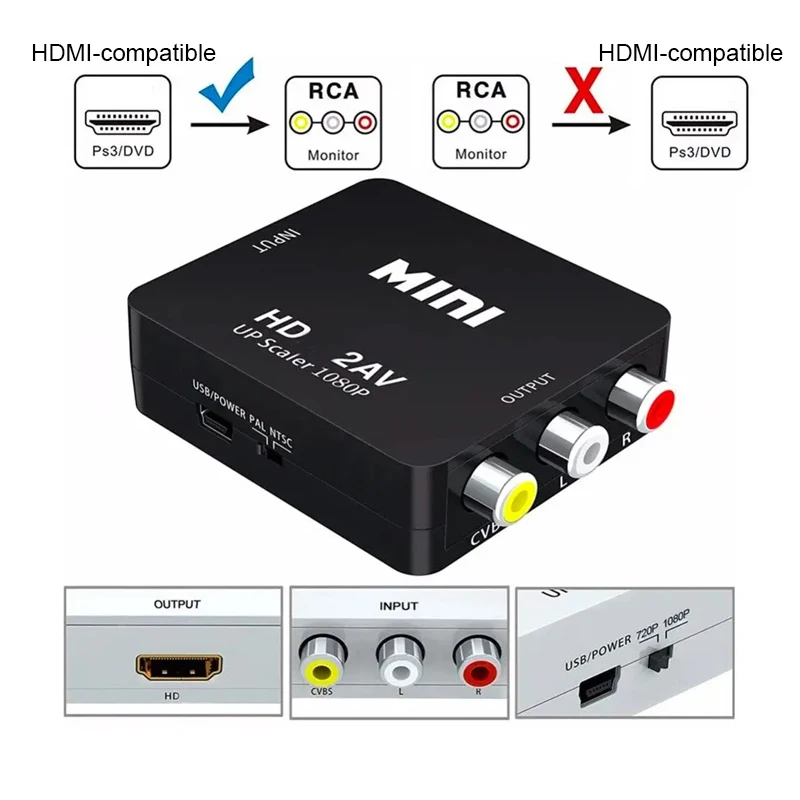 Compatível com HDMI para conversor RCA, AV, CVBS, L, R, Áudio, Vídeo Set Top Box, Up Scaler, 1080p Mini HD2AV, suporte NTSC, saída PAL, HD para AV