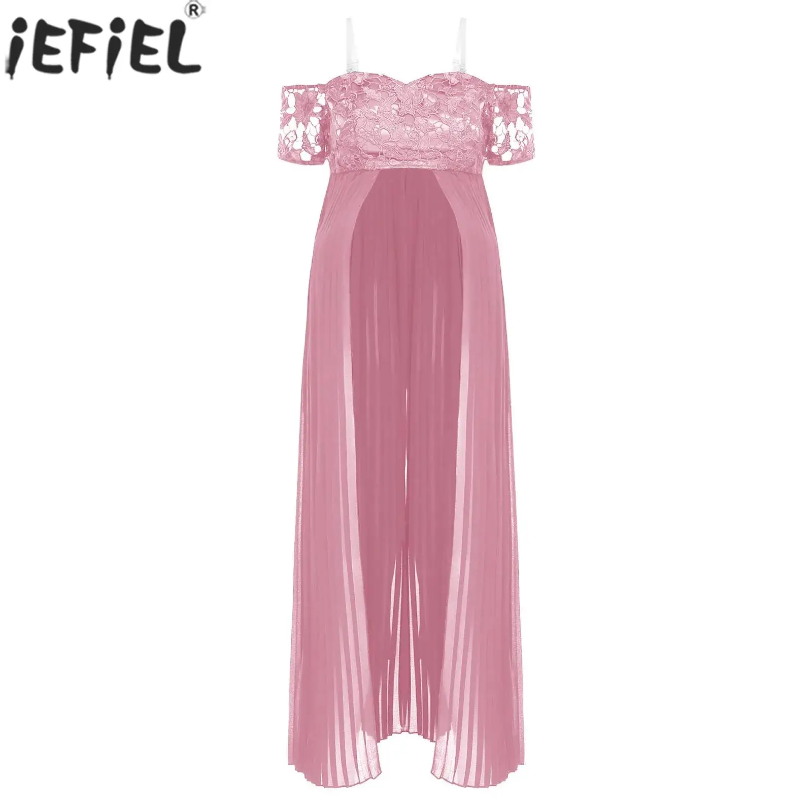 

Pregnant Woman Lace Chiffon Split Maxi Photography Dress Detachable Adjustable Transparent Straps Gown for Wedding Evening