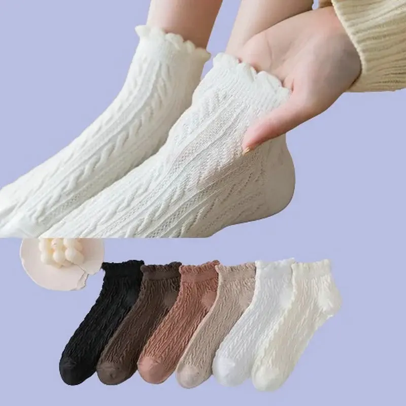 6 Pairs High Quality Solid Colors Fashion Women‘s Boat Cotton Socks Crimped Stripes Dots Short Socks Female New Casual Socks