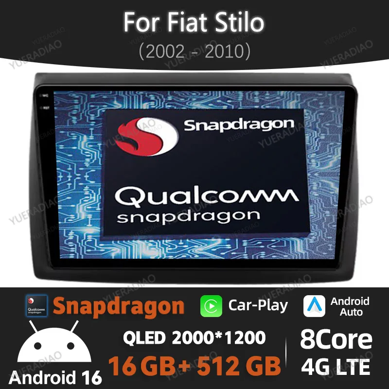 Android 16 Car Radio For Fiat Stilo 2002 2003 2004 - 2010 Carplay Auto Multimedia Stereo Video Player GPS NAVI QLED WIFI 4G 2DIN