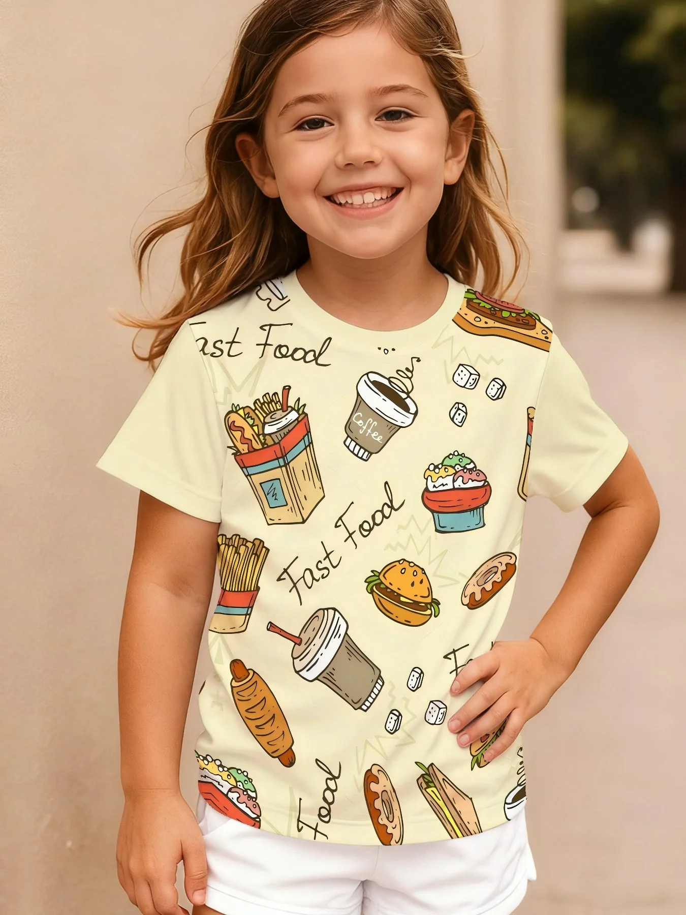 Girls Fast Food Doodle T-Shirt, Cartoon Burger Fries Coffee Donut Print Short Sleeve Crew Neck Kids Graphic Tee