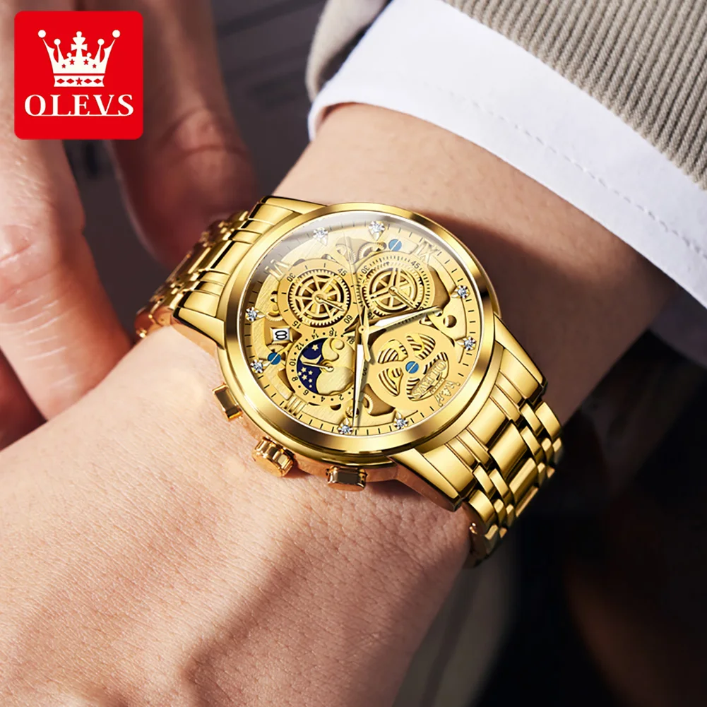 OLEVS Original Men\'s Quartz Watch Skeleton Moon Phase Waterproof Luxury Luminous Gold Watch Date Stainless Steel Watch for Men