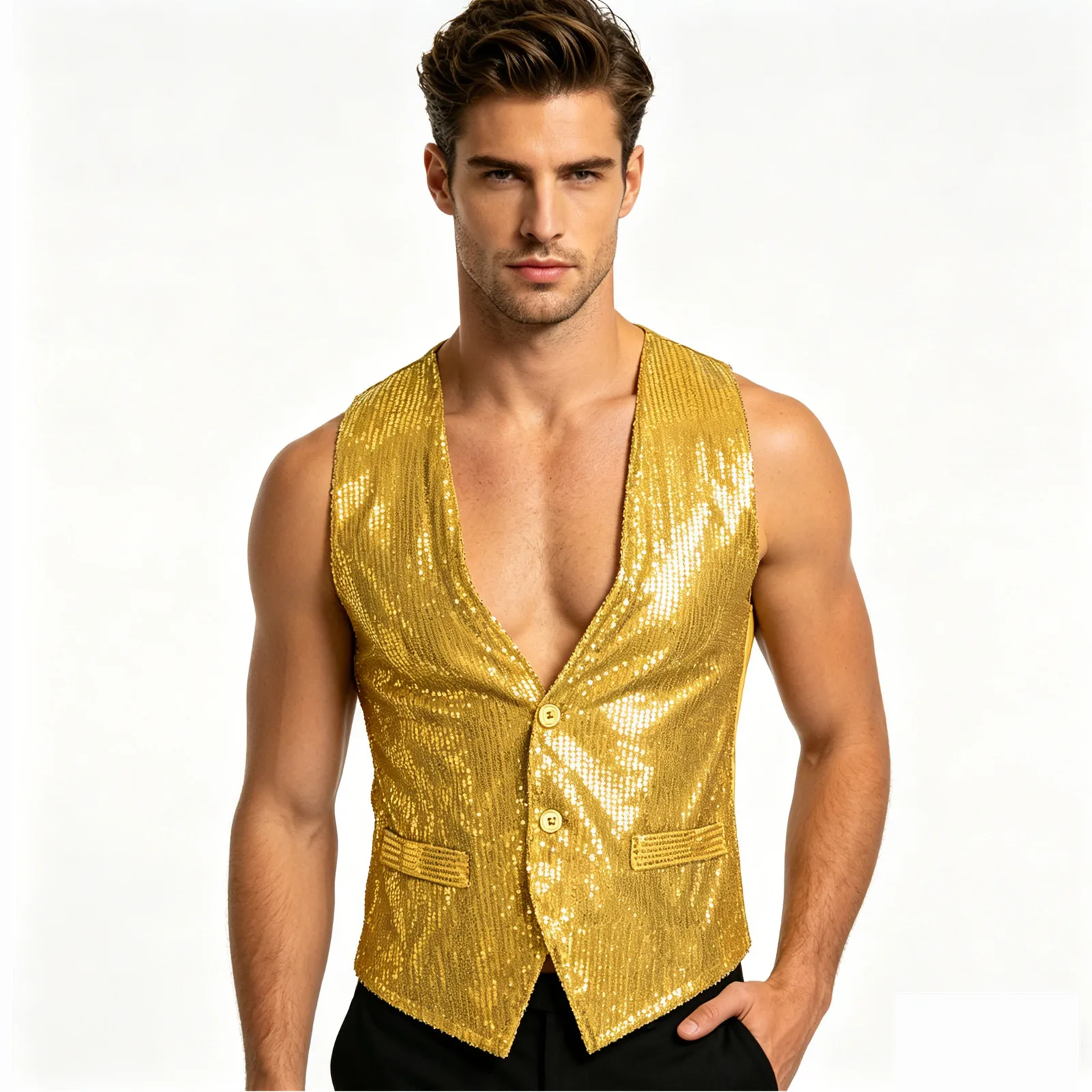 Mens Jazz Hip Hop Dance Performance Costume Womens Glittery Sequin Suit Vest Button Sleeveless Festivals Waistcoat Jacket