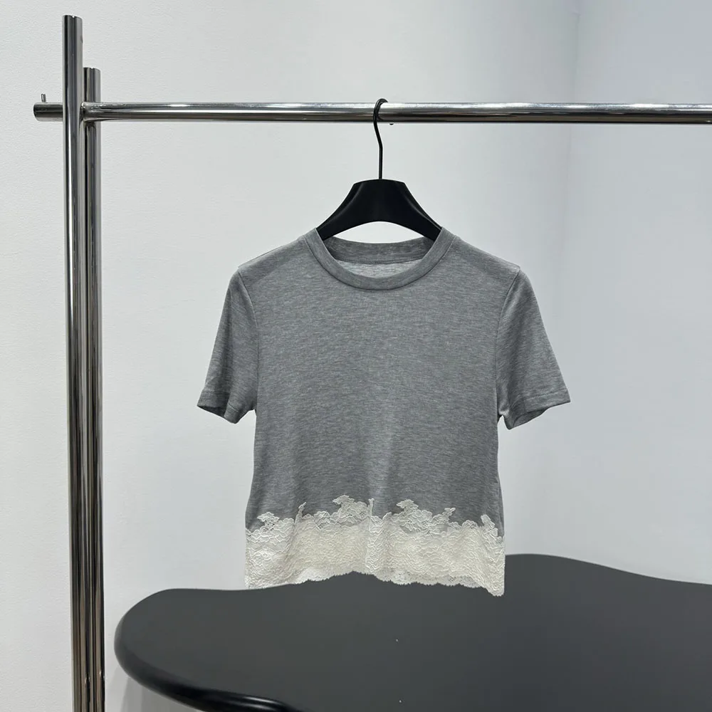 

High-quality 2026 spring new women's two-piece set with lace hem, stylish and elegant short-sleeved short skirt set xy2640919