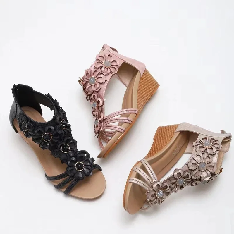 Retro Sandals Women\'s New Summer Seaside Holiday Flowers Bohemia Wedge Roman Shoes Heels Women platform shoes