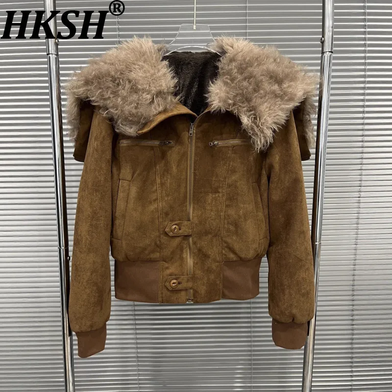 HKSH Jesień Zima Nowa Damska Ciepła Kurtka z Kapturem, Kołnierzem ze Sztucznego Futra, Zapinana na Zamek, Modna, Uniwersalna, Retro, Elegancka, Szykowna, Gruba Kurtka HK17027