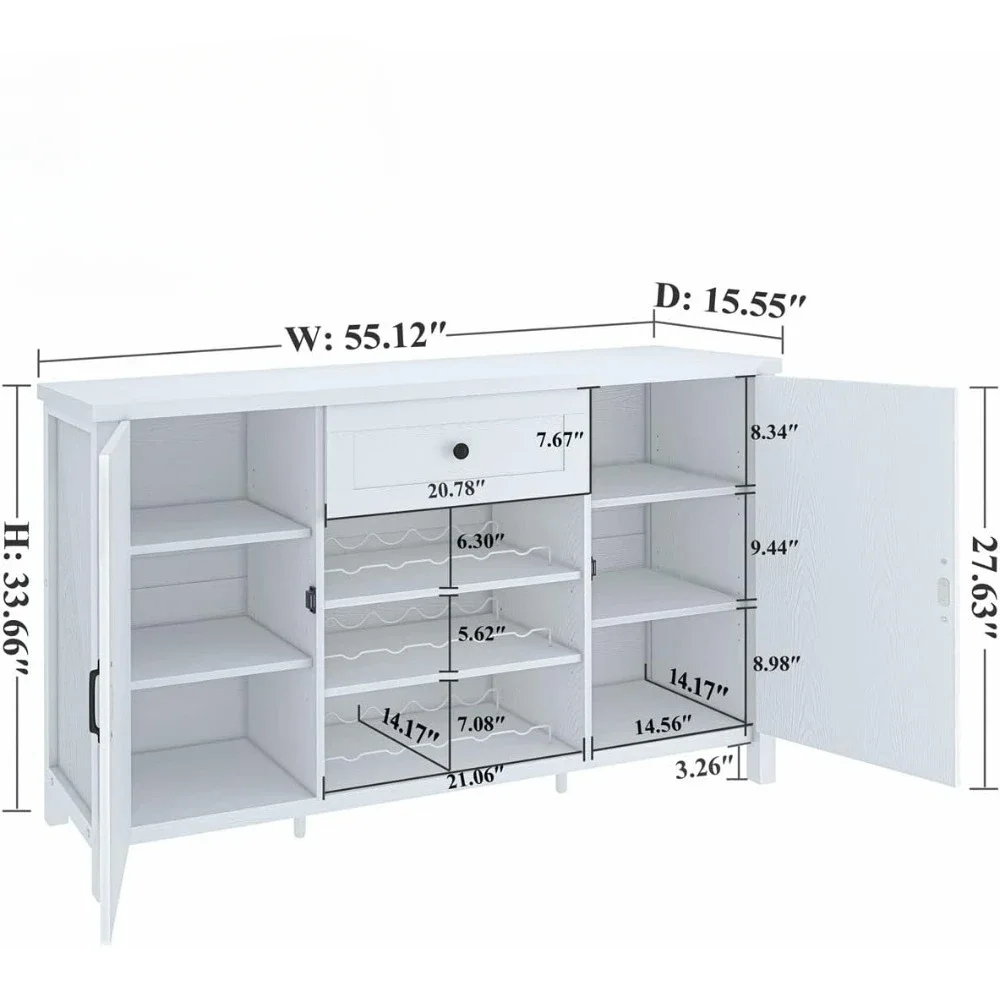 Wooden buffet and side panels with storage room and wine rack, wine cabinet for living room (55.12 inches, white oak)