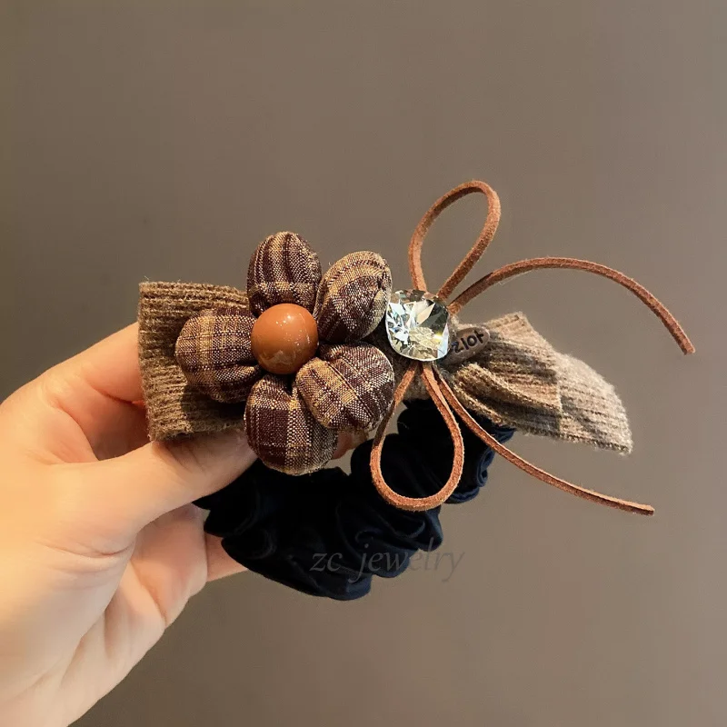 

Korean Style Dongdaemun Fashion Plaid Flower Bow Hair Tie for Women High-end Sweet Girl Bun Hair Rope