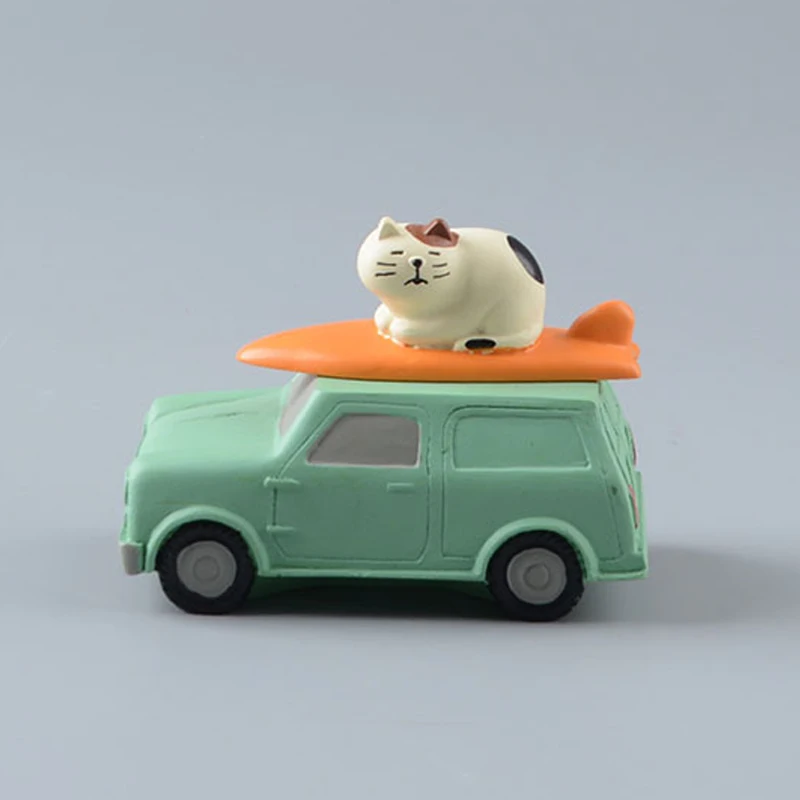 

Zakka Cat Surfboard Station Wagon Figurines Kitten Green Car Model Decoration for Home Desktop Resin Crafts Ornaments Toys Gifts