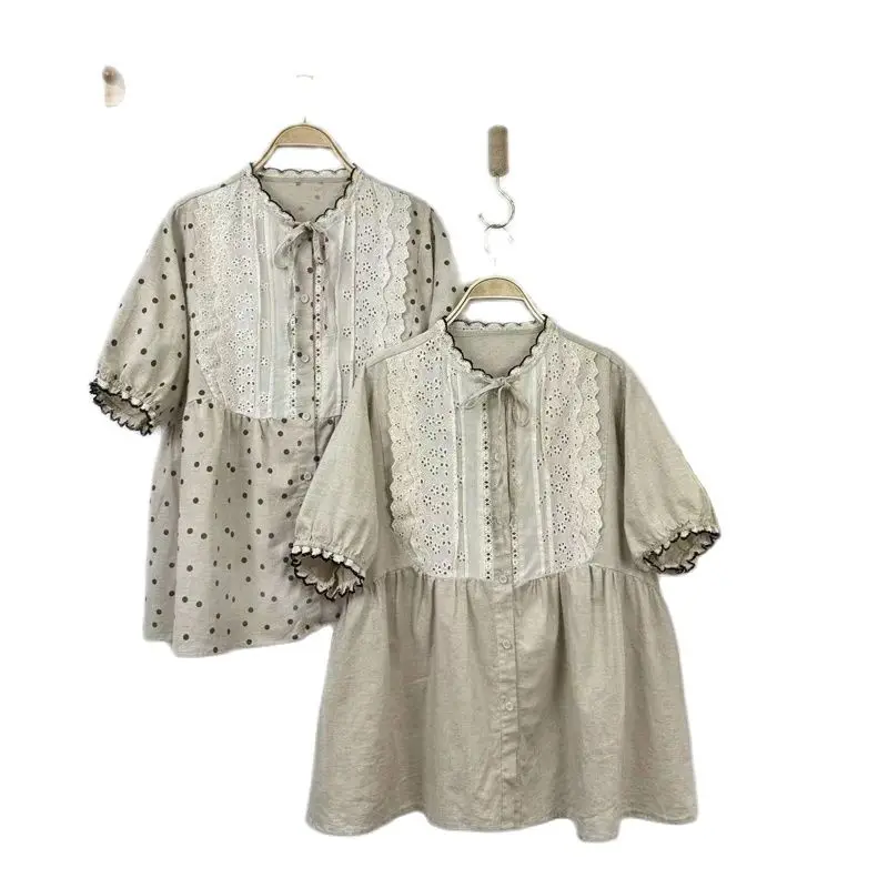 New Summer Cotton Linen Short Sleeve Shirt O Neck Tops Mori Girl Casual Loose Commute Sweet Lace Blouse 2024 Autumn T46706QC