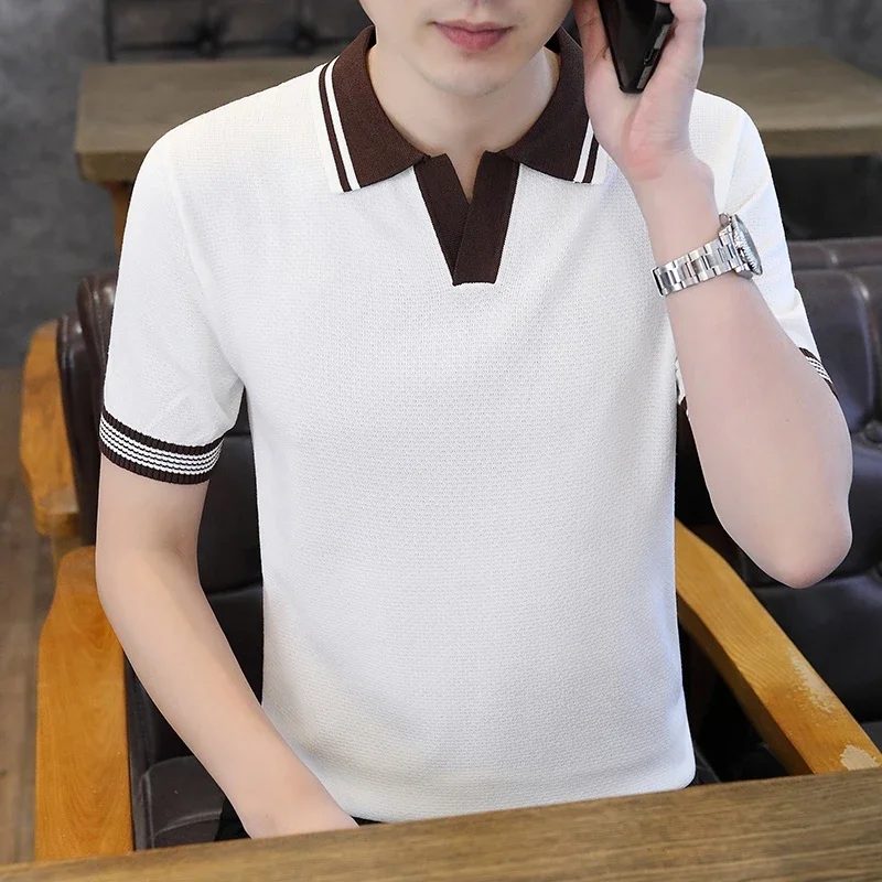 

Мужская трикотажная рубашка-поло с контрастным воротником, летняя повседневная футболка с коротким рукавом для мужчин среднего возраста