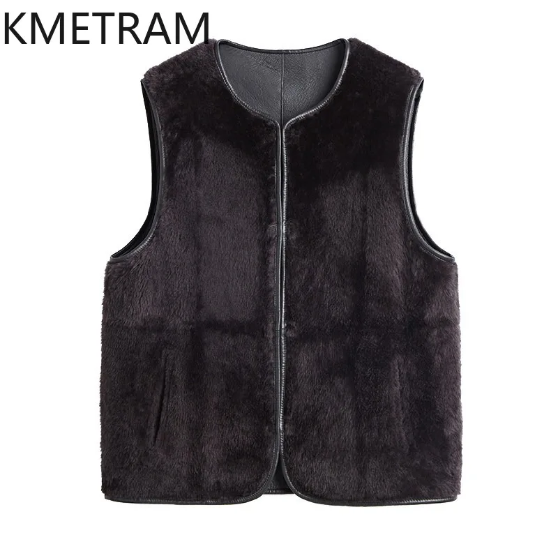 KMETRAM Raw Merino Sheep Shearling Fur Vest for Woman Sleeveless Winter Jackets Woman Short Two-sided Vestes Femmes Loose Шуба