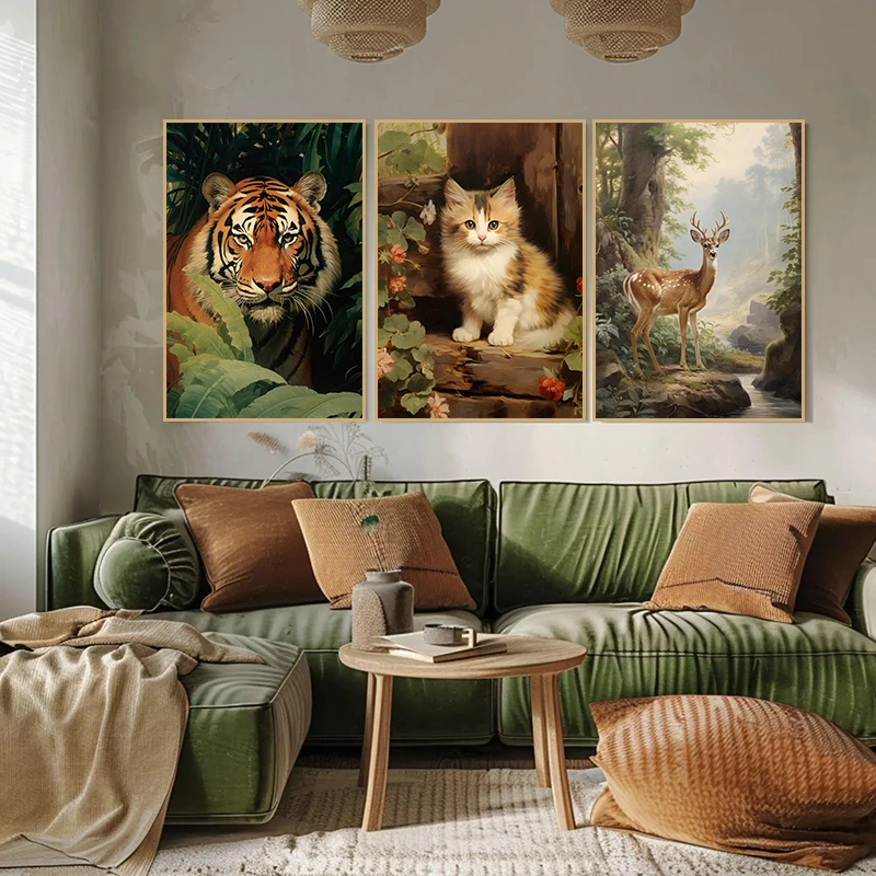 Vintage Bunny Fox Dog Owl Cat Tiger Deer Wolf Swan Poster Prints, Animal Canvas Painting Farmhouse Home Decor Cuadros