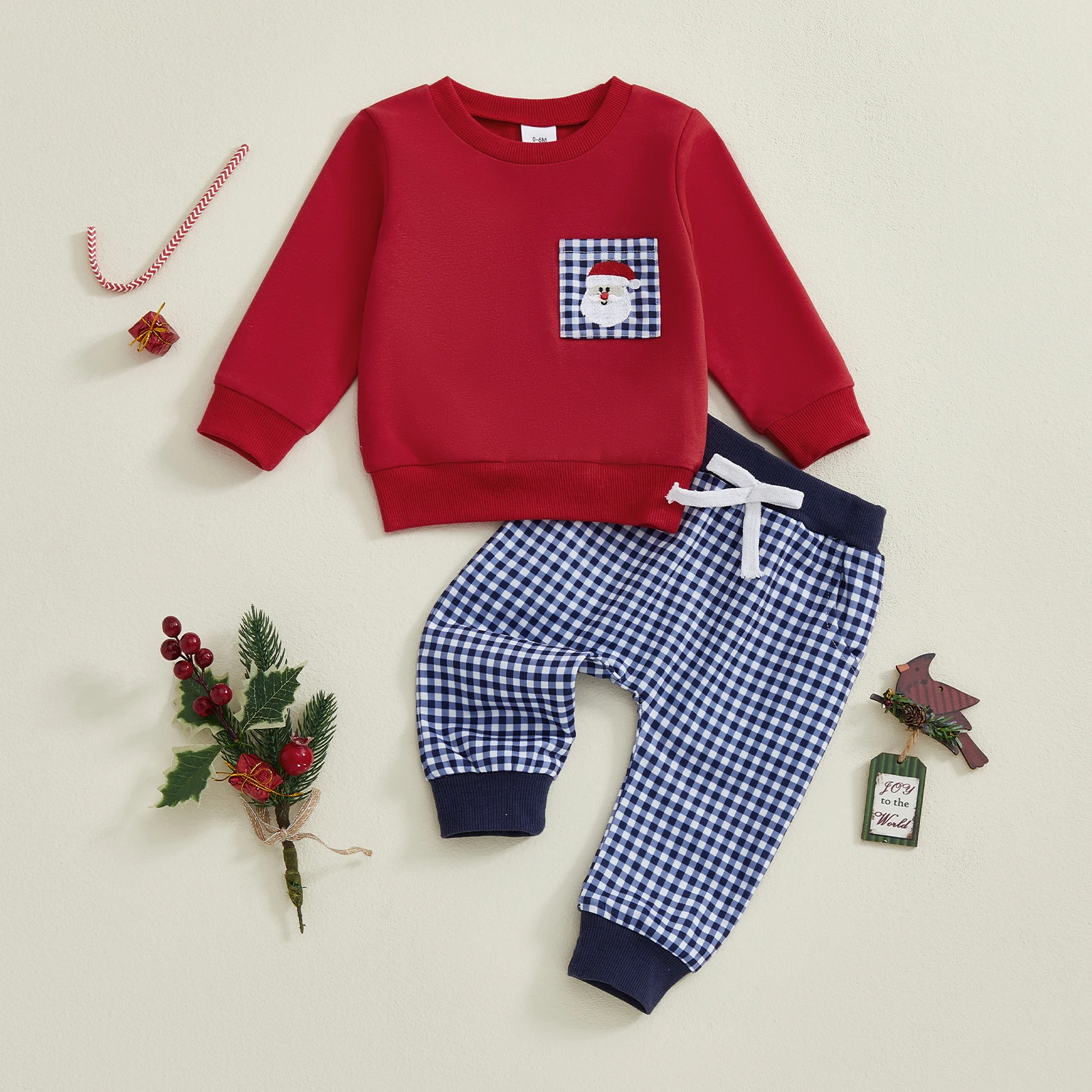 

SUNSIOM Toddler Baby Boys Clothing Set Long Sleeve Santa/Christmas Tree Embroidery Pullover with Plaid Pants 2 Pcs Outfit