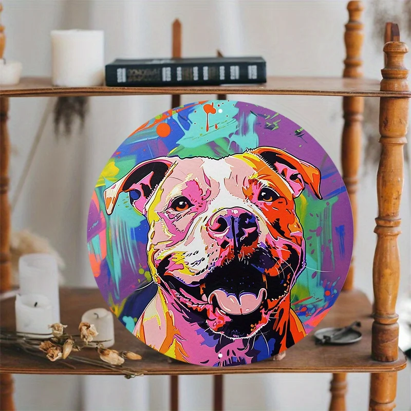 Colorful Pitbull Dog Portrait Round Aluminum Wall Sign, UV and Scratch Resistant, Easy-Hang Decoration, Wall Art, Home Decor