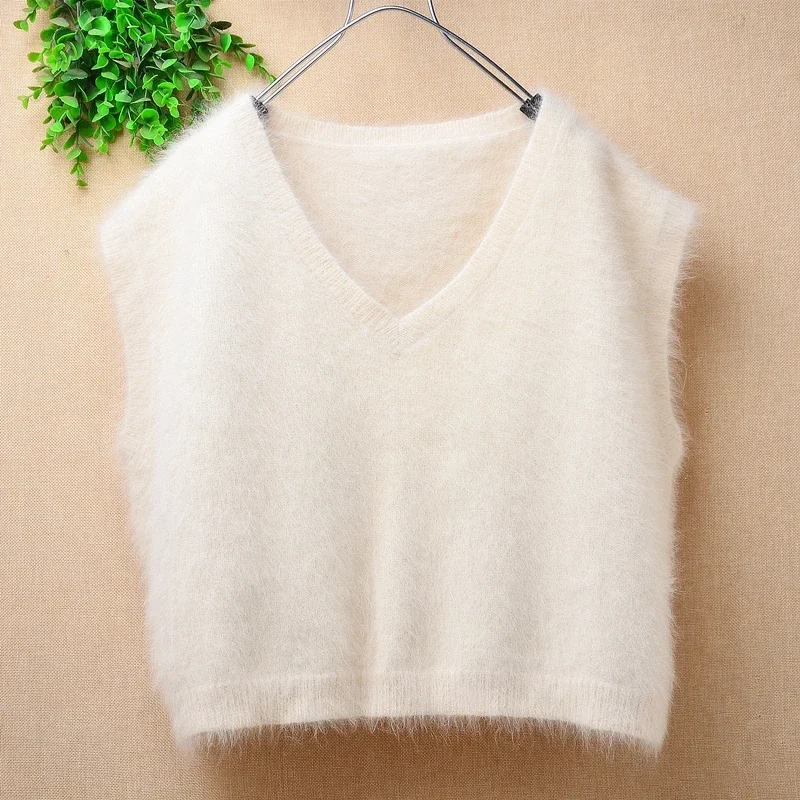 Fashion Ladies Women Spring Autumn Clothing Hairy Angora Rabbit Hair Knitted Sleeveless O-Neck Loose Pullover Sweater Vest Pull