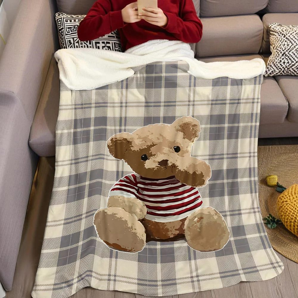 Plaid Teddy Bear Flannel Blanket Warm Soft Halloween Christmas Couch Warm Cozy Decorative Decor Gift for All Season