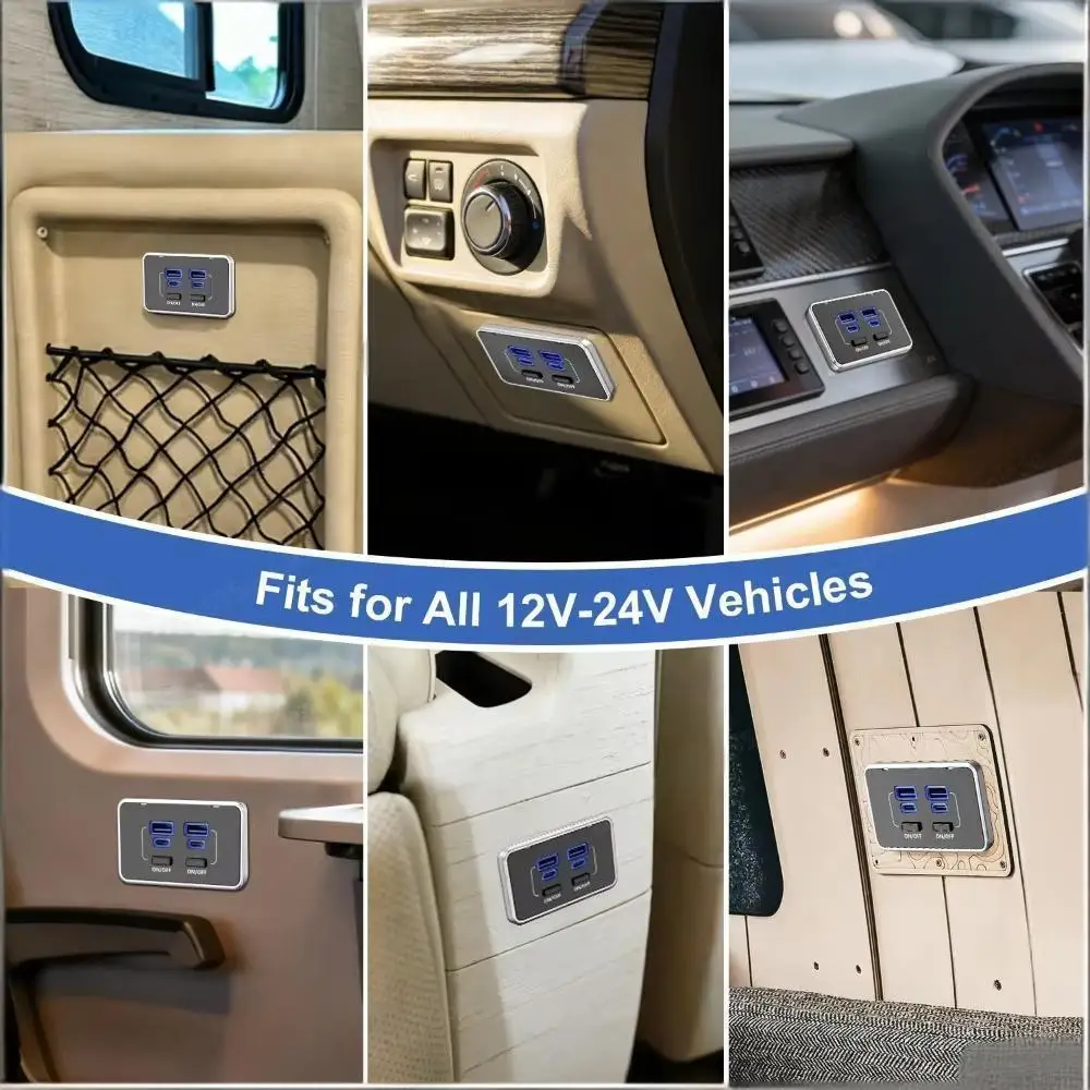 4-Port 12V RV USB Outlet 78W Dual PD Type-C & QC 3.0 Panel Wall Mount with Switch Quick Charge Adapter for Marine Bus ATV Truck
