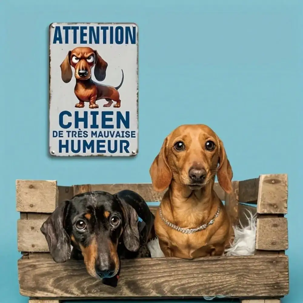 Vintage Dackel „Chien De Tres Mauvaise Humeur“ Metallblechschild – Rustikale Wanddekoration aus Eisen mit humorvollem Hund