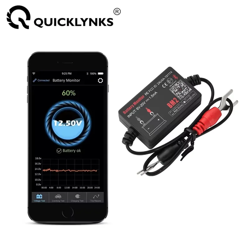 

Quicklynks BM2 Монитор автомобильного аккумулятора Bluetooth 4.0 Диагностический инструмент 12 В для телефонов Android и iOS - тестер аккумулятора 12 В
