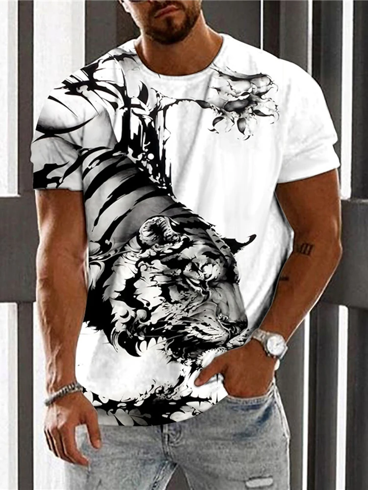 

Summer Daily Casual Men's T-shirt Outdoor Sports Men's Loose Tees Fashion Street Men's Short Sleeve 3D Tiger Print Men's T-shirt