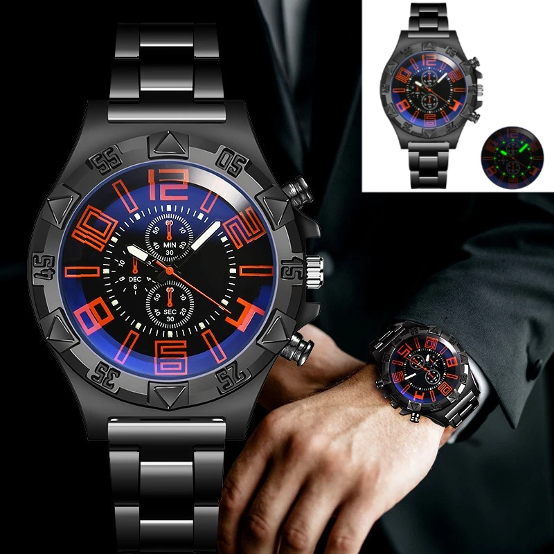 

Роскошные светящиеся часы для мужчин, черные кварцевые часы из нержавеющей стали, модные деловые мужские часы Relogios Masculino Часы Мужские