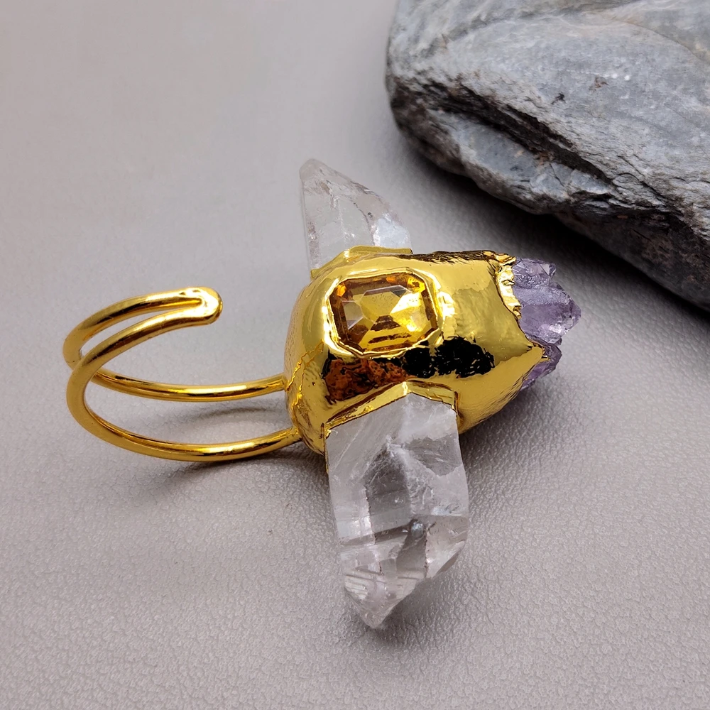 

Y·YING натуральный прозрачный кварц двойной точечный камень кольца на палец регулируемое коктейльное кольцо юбилейные украшения