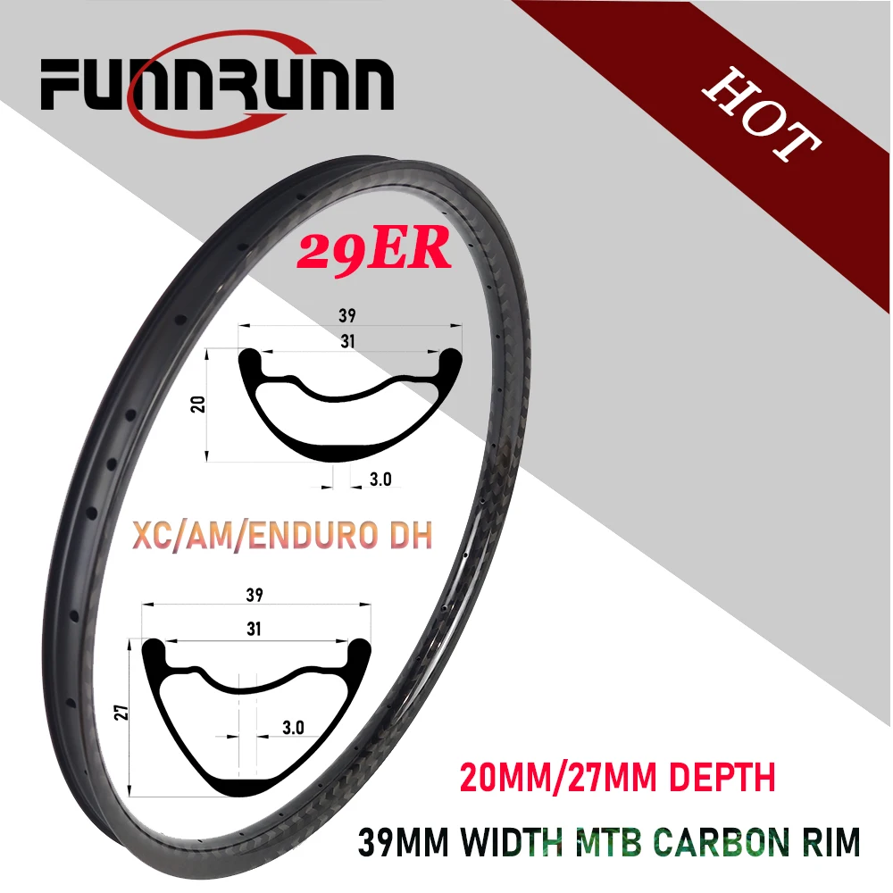 

29er Mountain Bike XC AM ENDURO DH Asymmetric Tubeless Clincher Carbon Rim 39mm Width 20/27mm Depth 31mm Inner MTB Descent Wheel