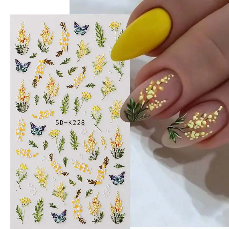 5D Spring Summer Flowers Nail Stickers Mimosa DIY Design Floral Leaf Self-adhesive Nail Decals Sliders Manicure Decor Accessorie