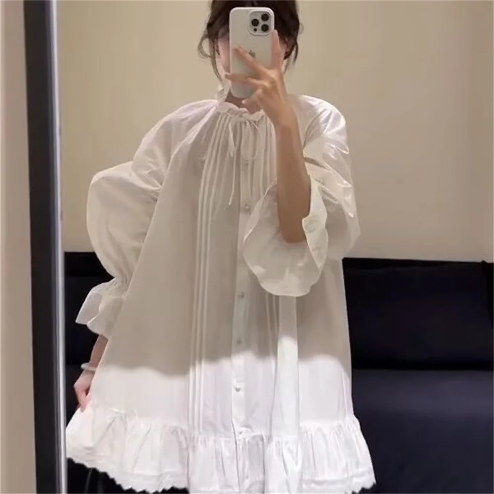 

2026 Spring New Fashion Women Shirt Ruffles Patchwork Long Flare Sleeve V-neck Bow Lace Up Female Floral Blouse Sweet
