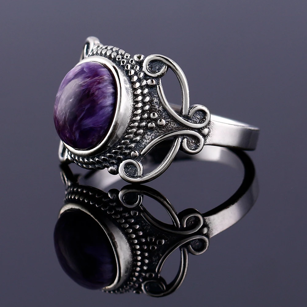 Nasiya Bohemia Style 8x10MM Oval Purple Charoite Rings For Women Silver Color Ring Fine Jewelry For Anniversary Party Gift