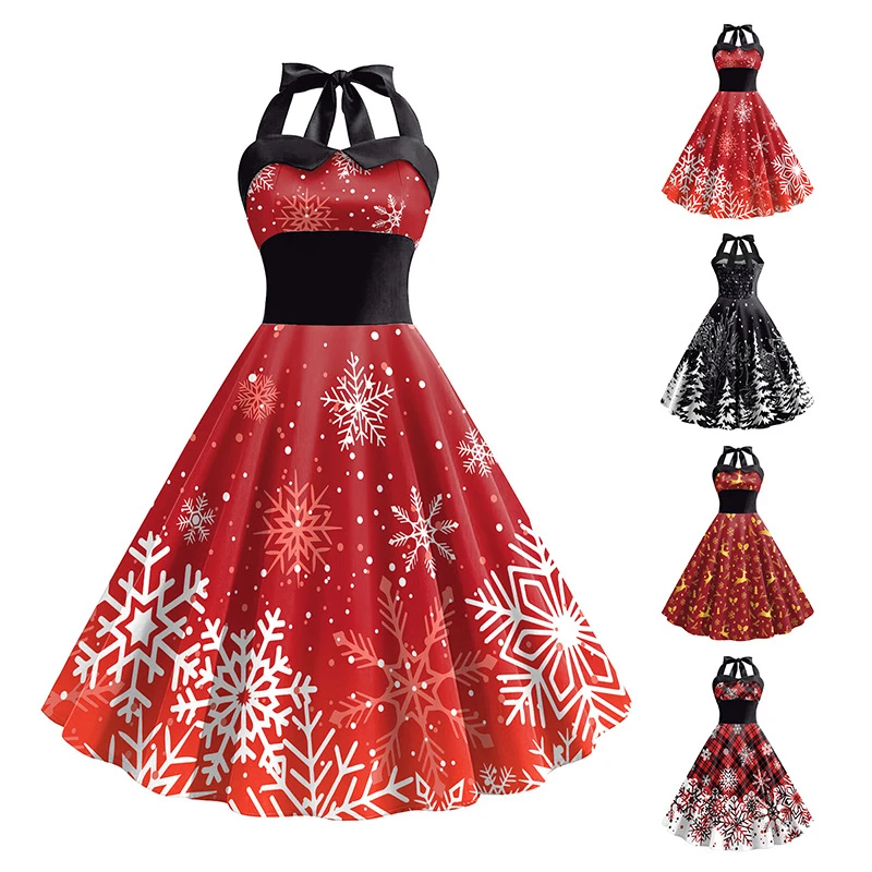 

Women Christmas Dress Christmas Snowflake Print New Year Costume Spaghetti Strap High Waist Xmas Dress Ladies Christmas Skirt